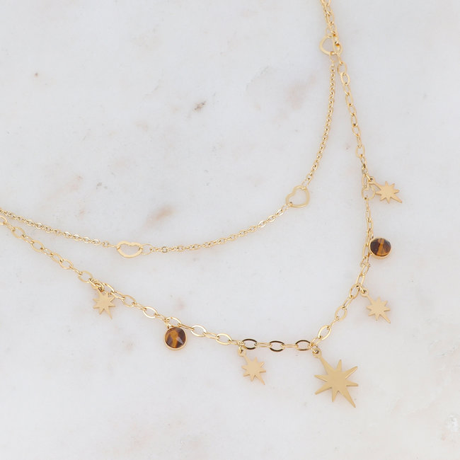 Bohm Paris Goud dubbele ketting met sterren , harten en tijgeroog