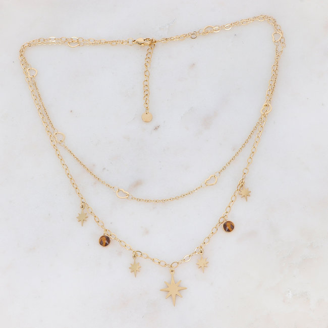 Bohm Paris Goud dubbele ketting met sterren , harten en tijgeroog