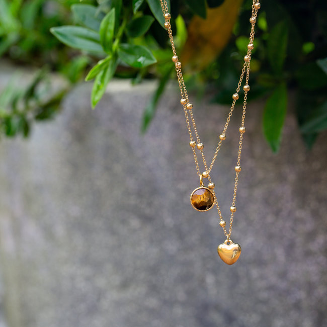 Bohm Paris Goud ketting met hart of tijgeroog