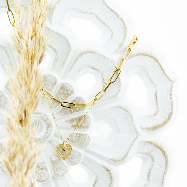 Dubbele goud schakelketting en hart