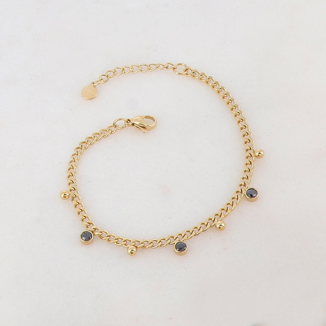 Ikita  Goud armband stainless steel schakels en zwarte strass