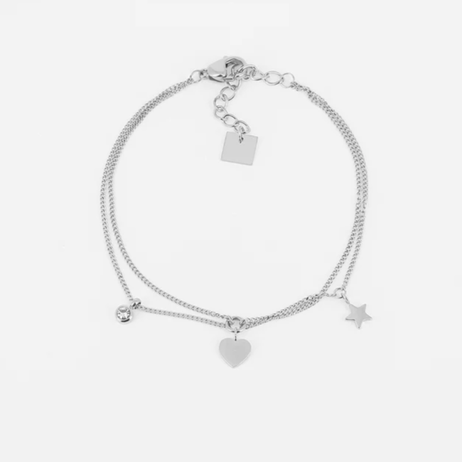 Stainless steel dubbele armband met steentje hart en ster