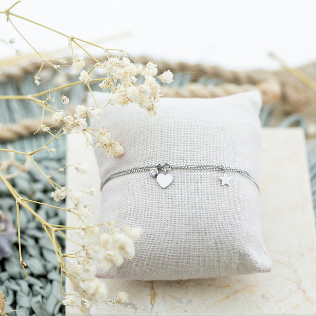 Stainless steel dubbele armband met steentje hart en ster