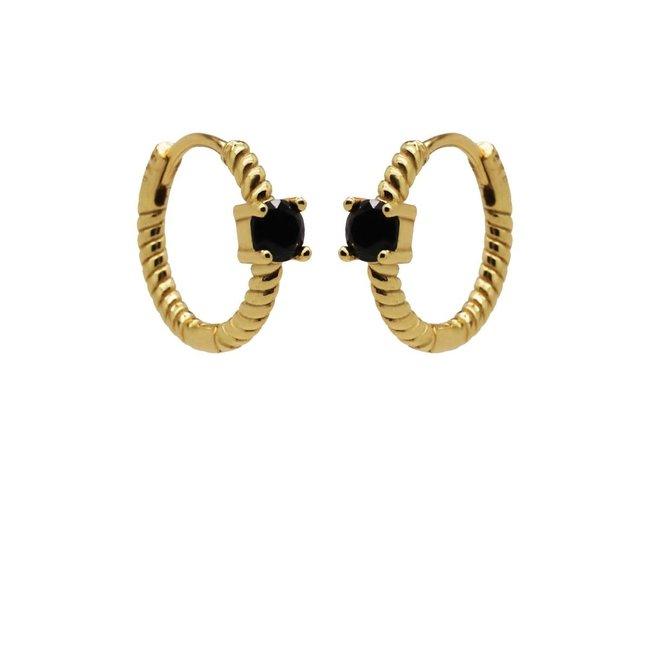 Gedraaide goldplated oorbellen met zwart steentje