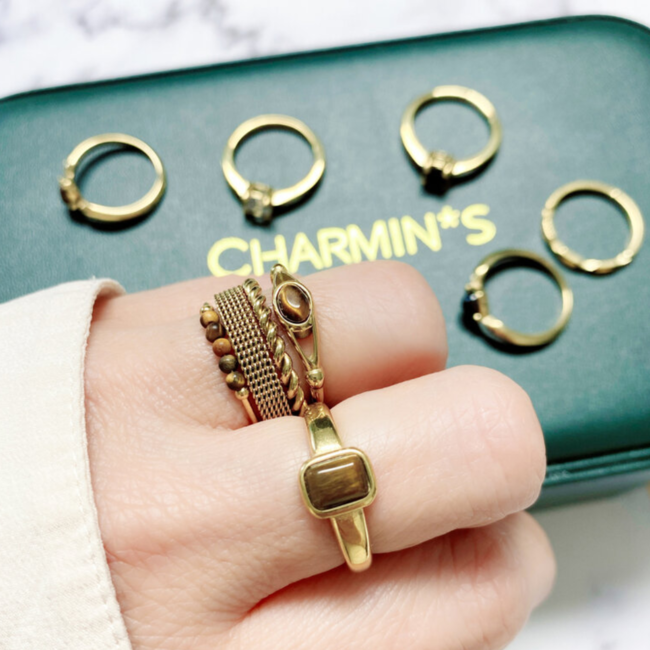 Goud stainless steel tijgeroog ring