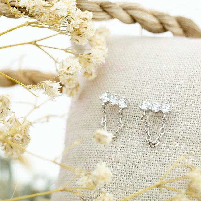 Zirconia oorbellen met chain ketting zilver