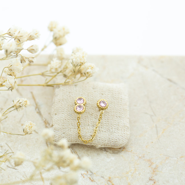 Losse crystal oorbel met chain roze goud