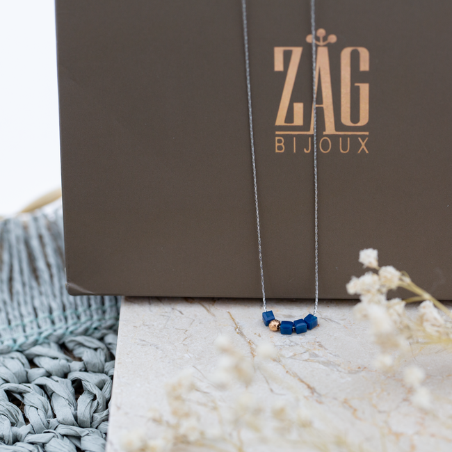 ZAG  Bijoux ketting zilver met blauwe blokjes