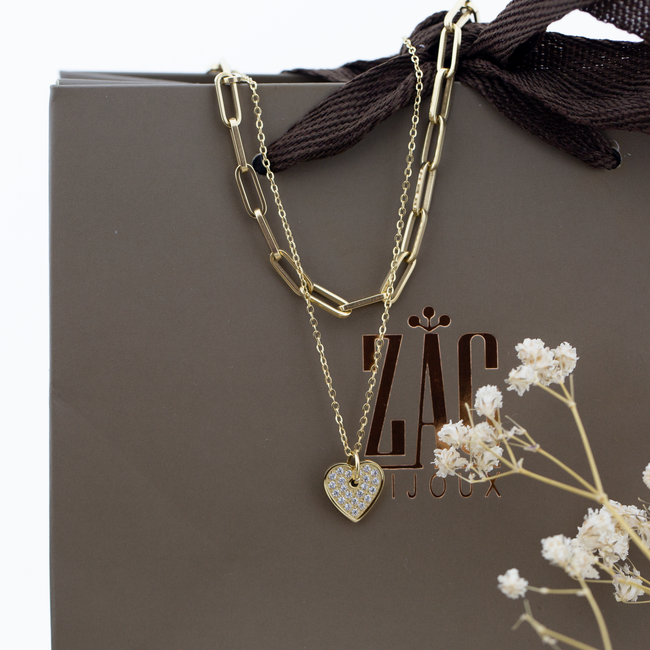 Dubbele goud schakelketting en hart