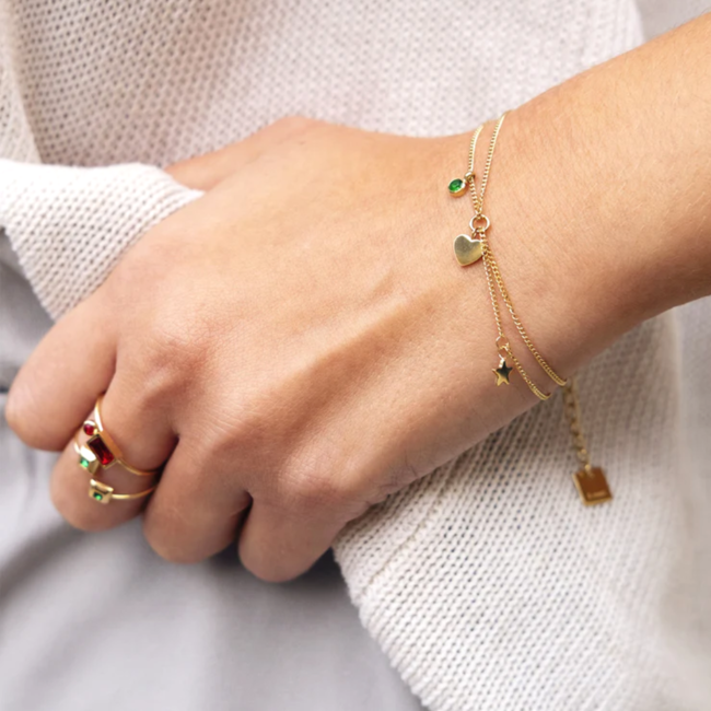 ZAG  Bijoux Stainless steel dubbele armband met hart en steentje