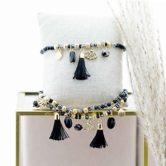 Biba Zwarte facet kralen armband schelp