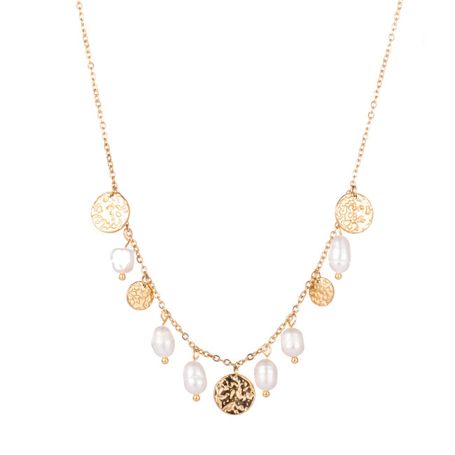 Goud ketting met witte parels en munten