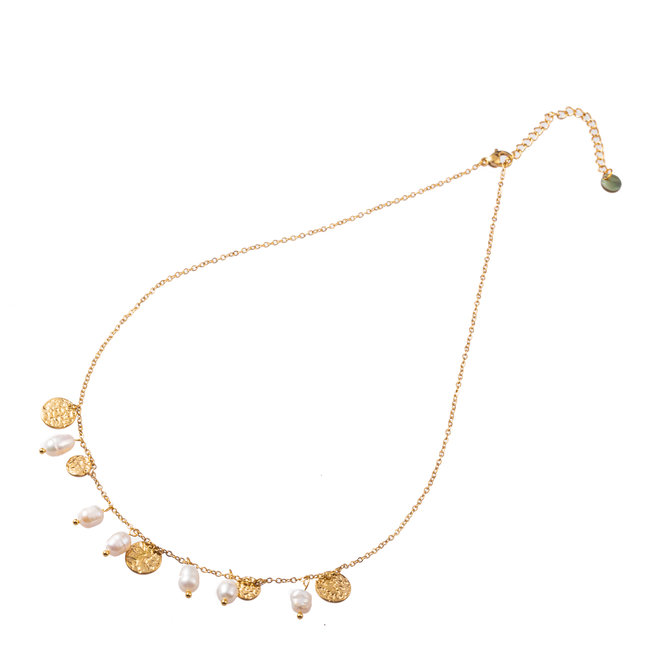 Goud ketting met witte parels en munten