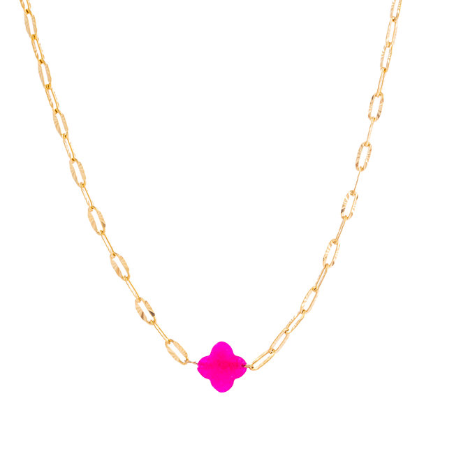 Goud ketting met roze natuursteen klaver