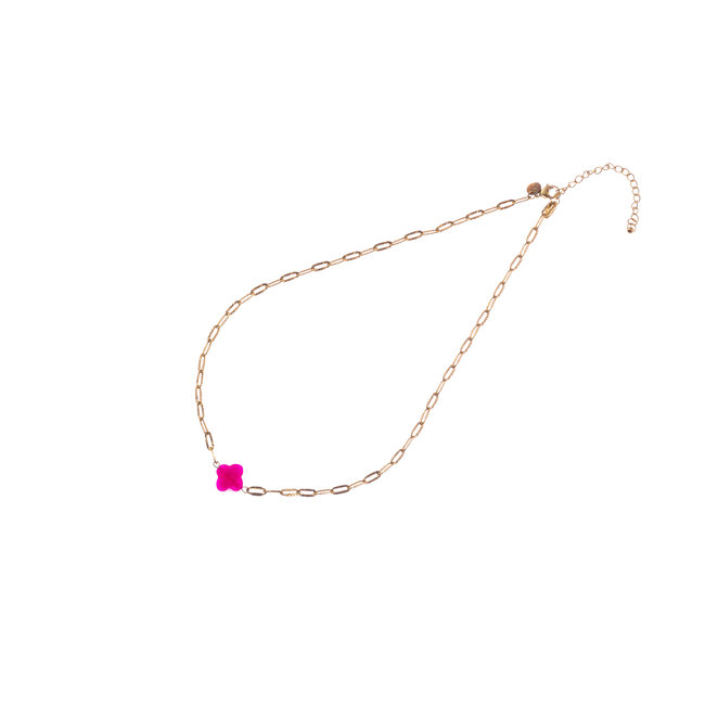 Goud ketting met roze natuursteen klaver