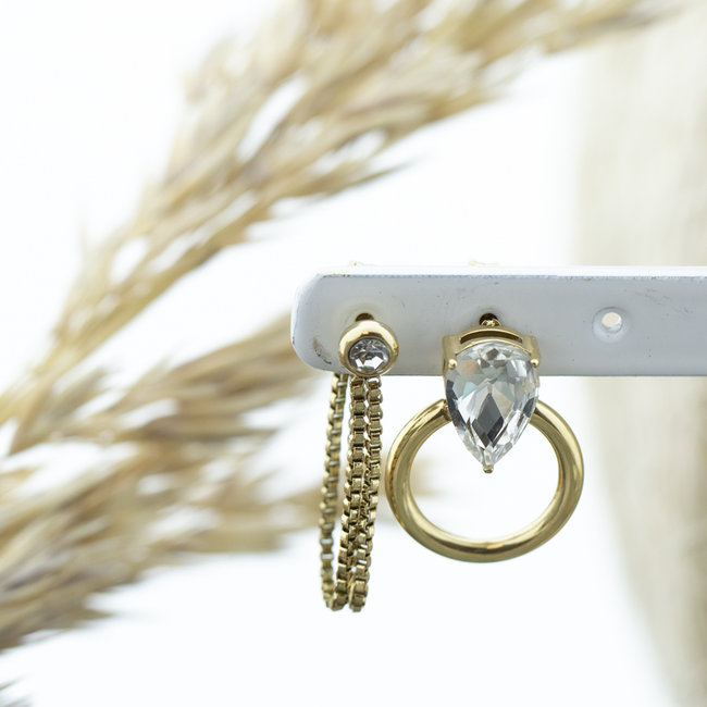 Goud crystal oorbel creolen met ketting of druppel