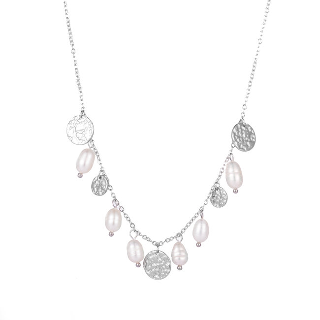 Day & Eve by Go Dutch Label Zilver ketting met witte parels en munten