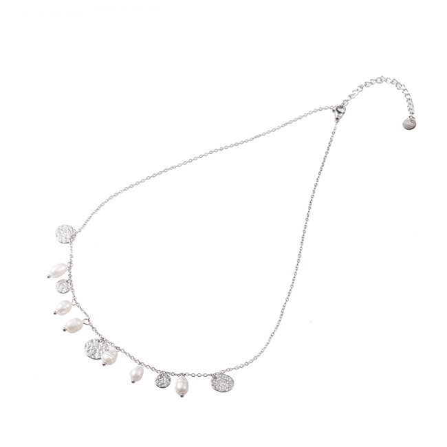 Day & Eve by Go Dutch Label Zilver ketting met witte parels en munten