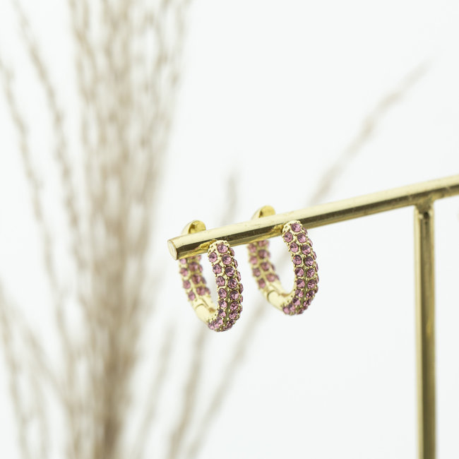 Day & Eve  Creool goud oorbellen met roze glitter allover