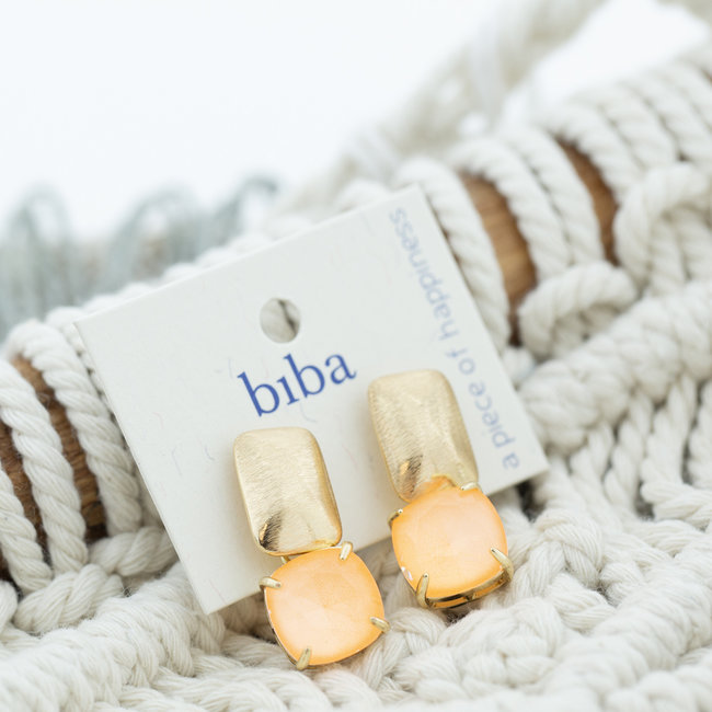 Biba Peach oranje rechthoek crystal oorbellen
