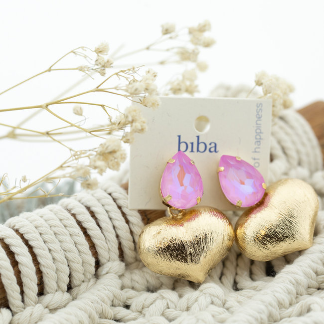 Biba Mat bol geborsteld metaal hart met roze steen