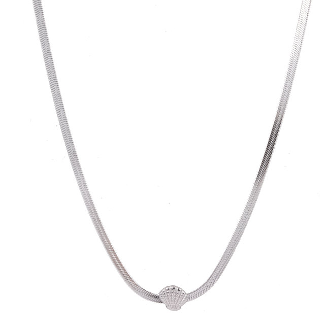 Platte schakel zilver ketting met schelpje