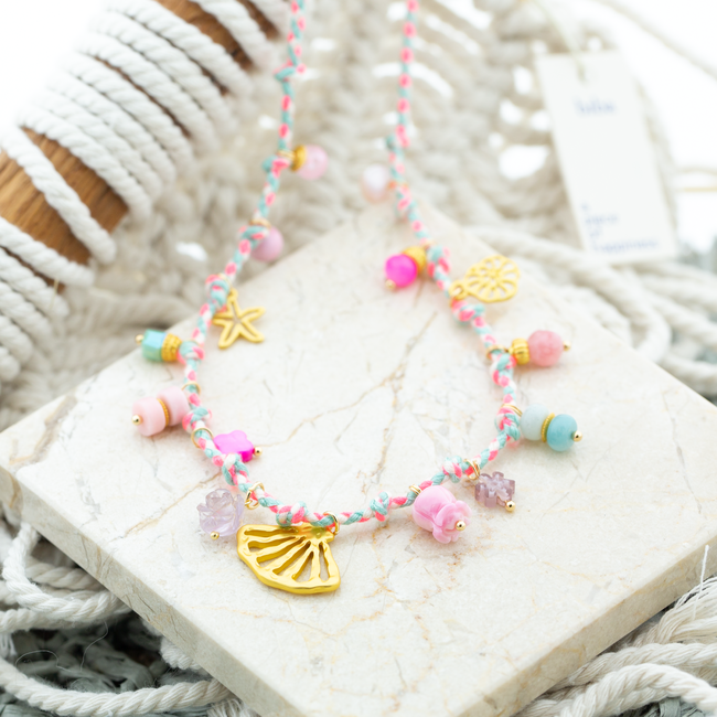 Biba Mint roze koord ketting met schelp en vis