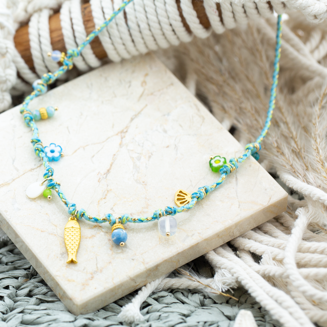 Biba Mint roze koord ketting met schelp en vis