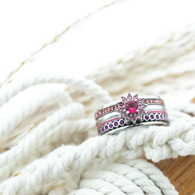 Complete zilver roze bloem ring