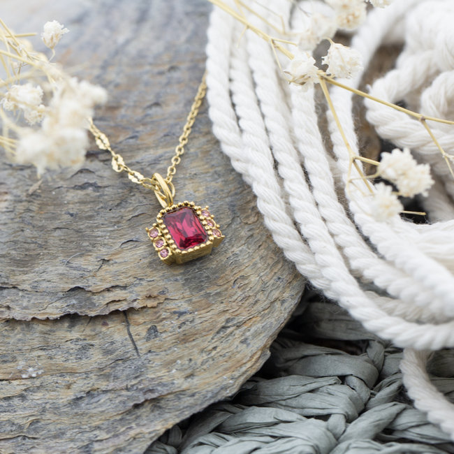 Goud Ketting met roze miracle rechthoek steen