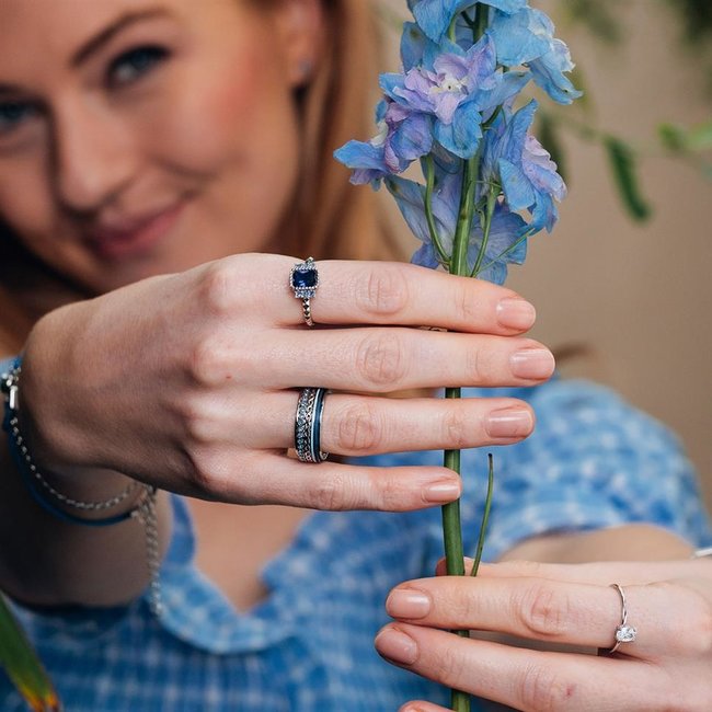 Complete zilver met blauwe en witte ring