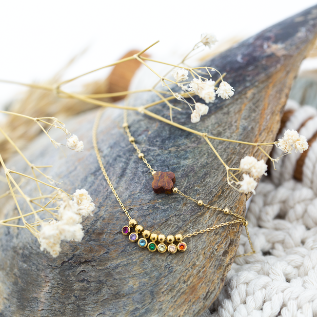 ZAG  Bijoux Goud ketting met bruine klaver of regenboog steentjes