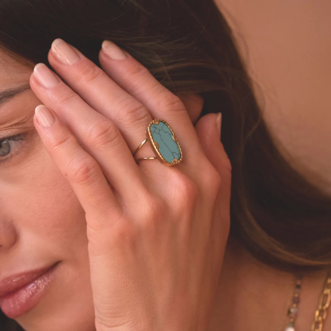 Blauw turquoise rechthoek steen ring
