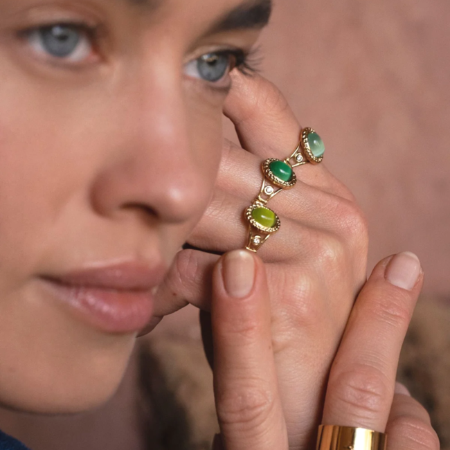 Bohm Paris Stainless steel gouden ring met ovaal groene steen