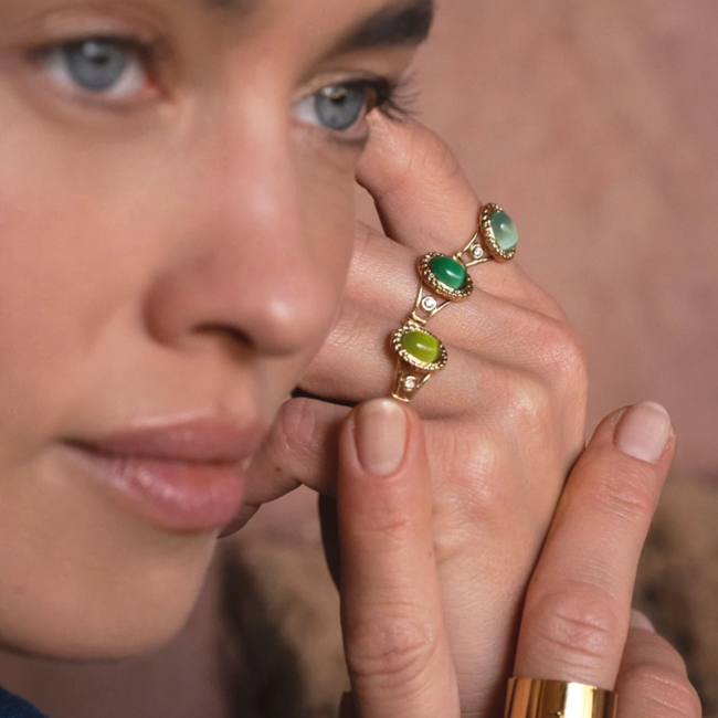 Stainless steel gouden ring met ovaal groene steen