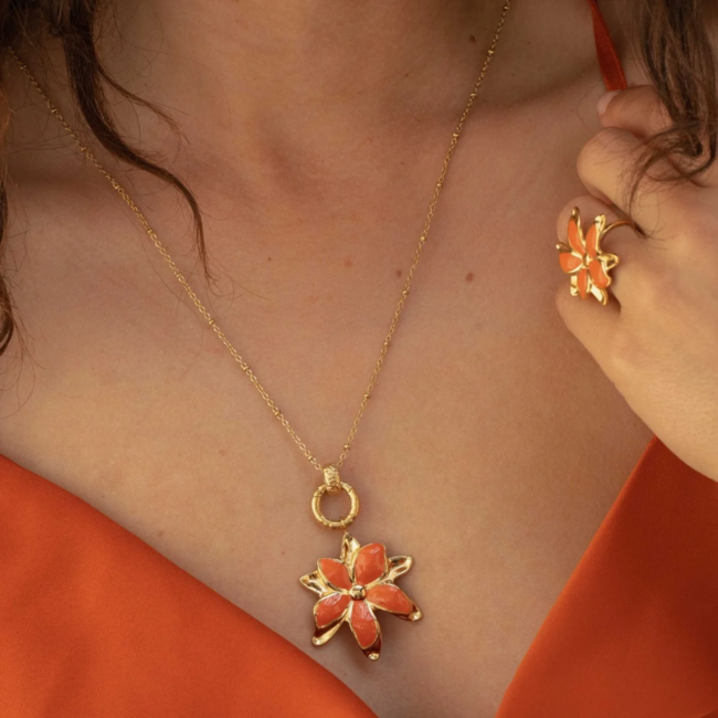 Koraaloranje bloem ketting of ring
