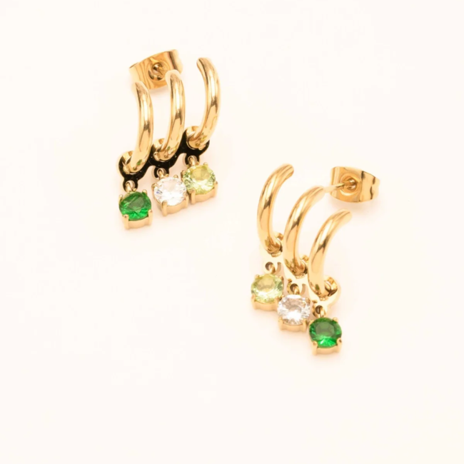 Bohm Paris Goud oorbellen met groene crystal glitter stenen