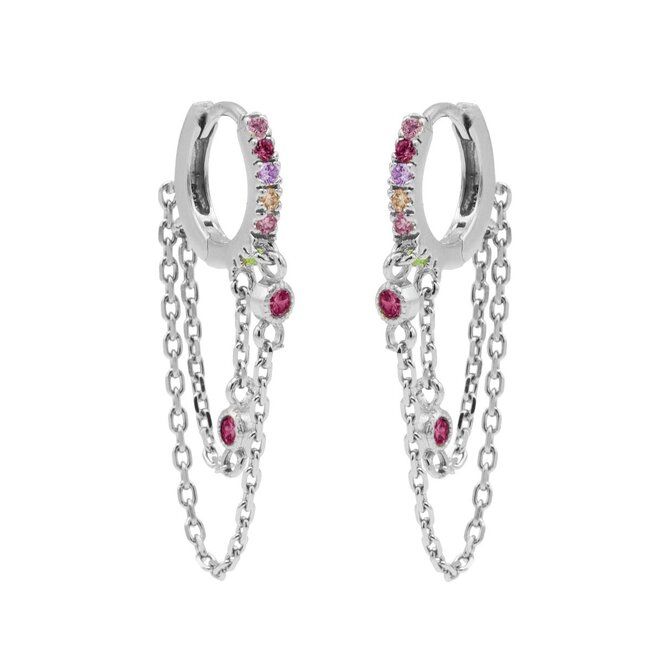 Echt zilver oorbellen met ketting en gekleurde zirconia