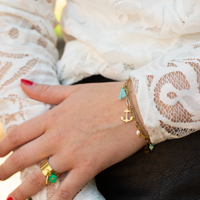 Goud dubbele armband met schakels, parel en anker