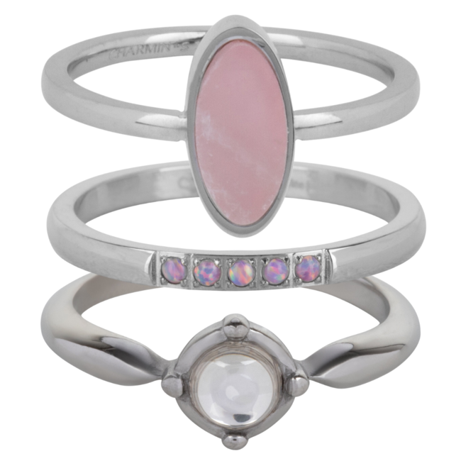 Charmins Zilver stainless steel ring pink roze stenen