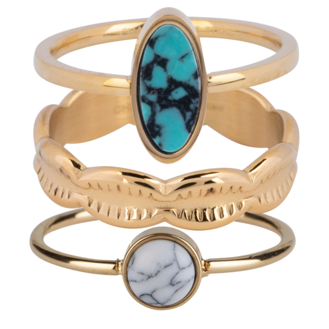 Charmins Goud ring schelp, turquoise of witte steen