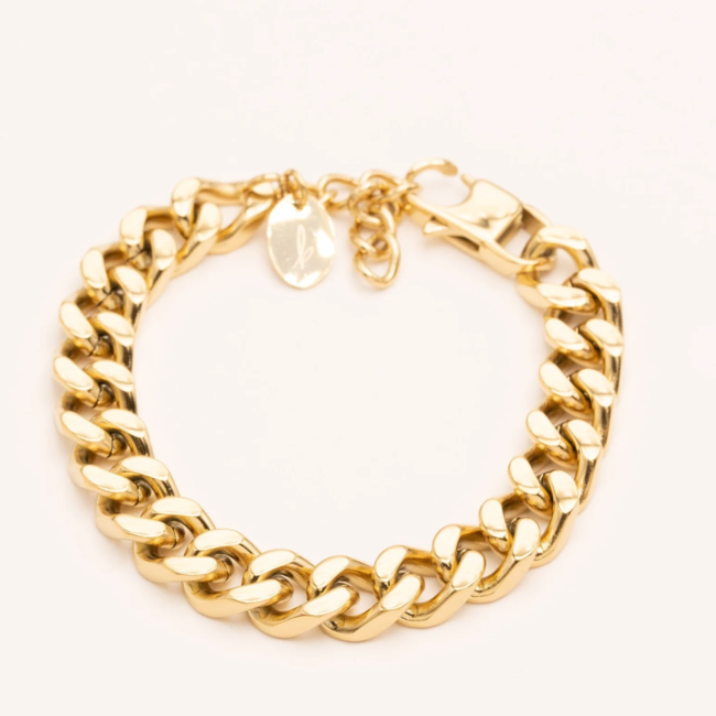 Goud schakelarmband met brede schakels of harten
