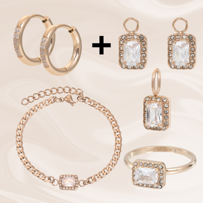 IXXXI Rosegoud Sieraden met crystal rechthoek steen