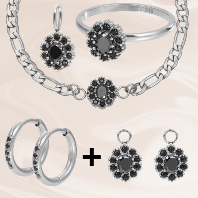 IXXXI Zilver party Sieraden met zwarte crystal bloem