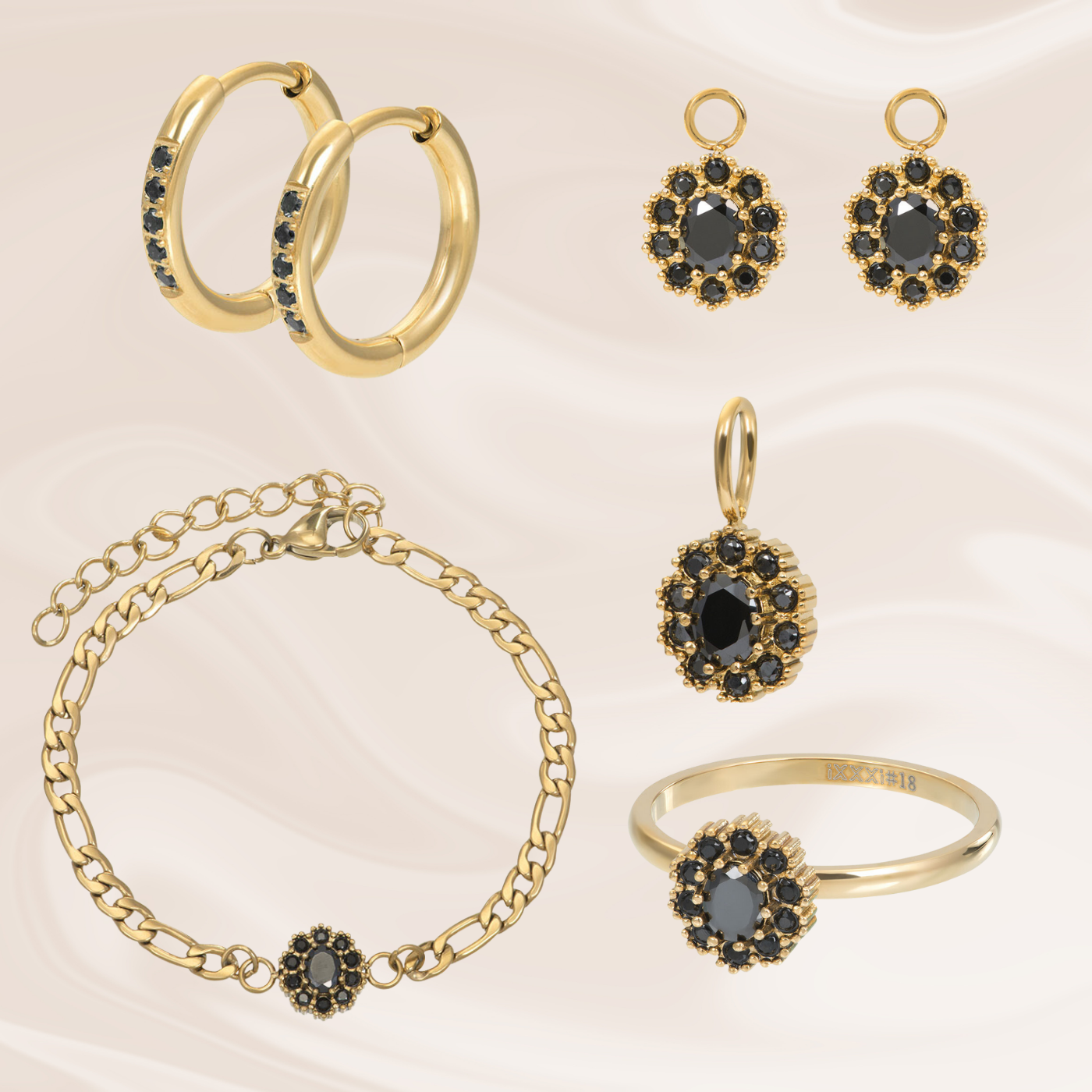 Ixxxi goud party Sieraden met zwarte crystal bloem Beadle