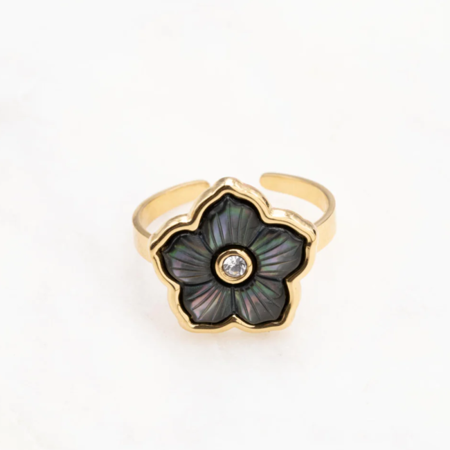 Zwarte hibiscus bloem schelp ring
