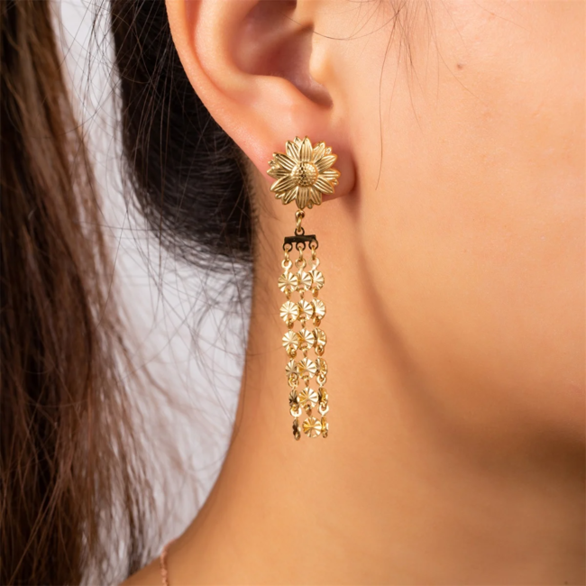 Day & Eve  Gouden lange zonnebloem oorbellen