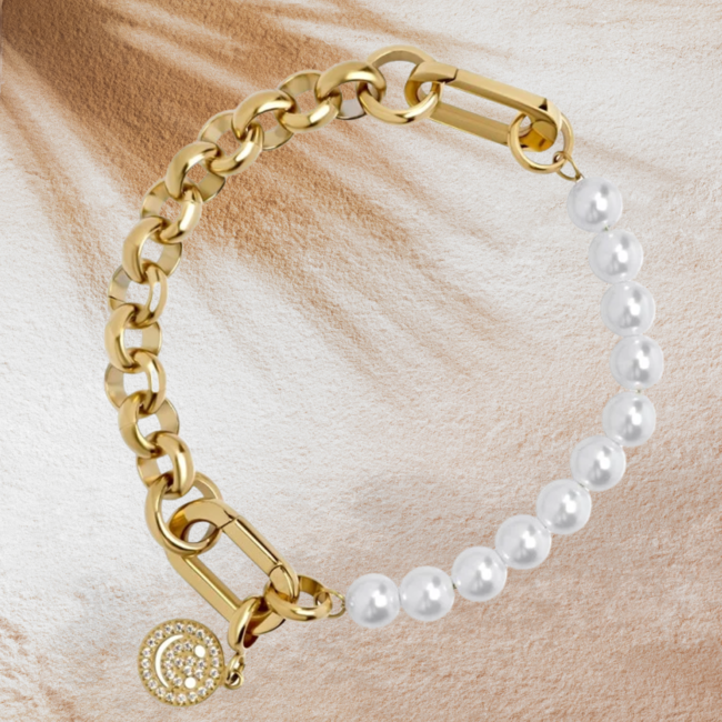 IXXXI Complete schakel connect armband goud met parels en smiley