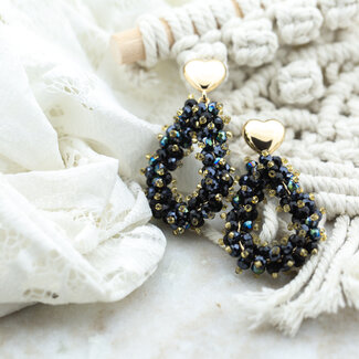 Day & Eve  Zwarte druppel oorbellen met hart oorsteker