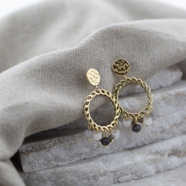 Day & Eve by Go Dutch Label Boho ronde oorbellen met grijze natuursteentjes